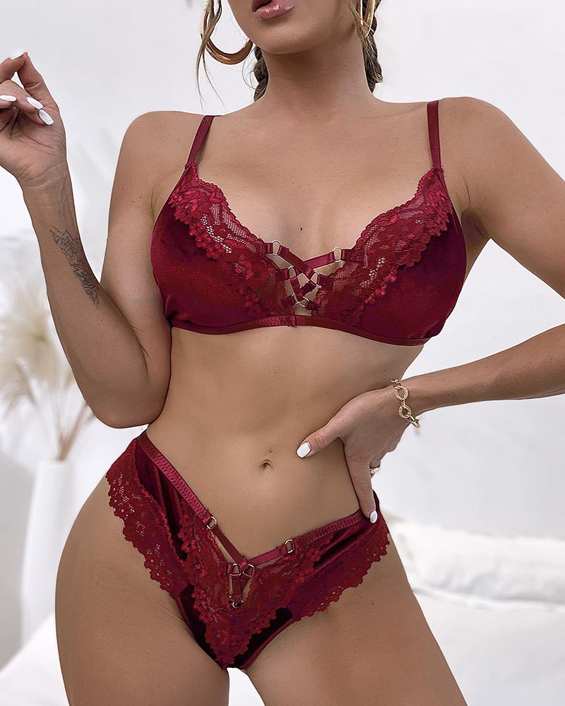 

Crochet Lace Spaghetti Strap Lingerie Set, Wine red