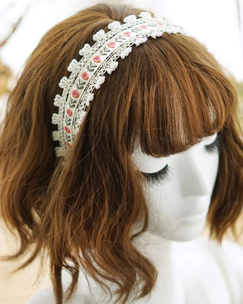 

1pc Tribal Floral Embroidery Tassel Headband, Beige