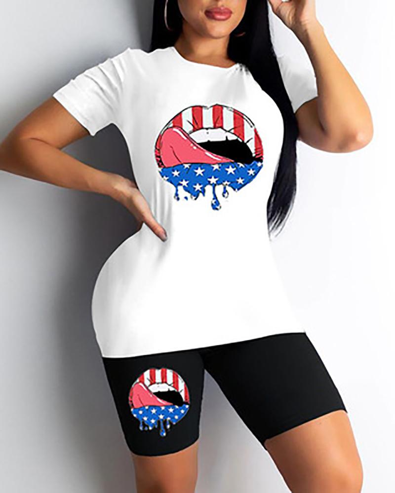 

Short Sleeve Flag Pattern Lip Print Top & Shorts Set, White