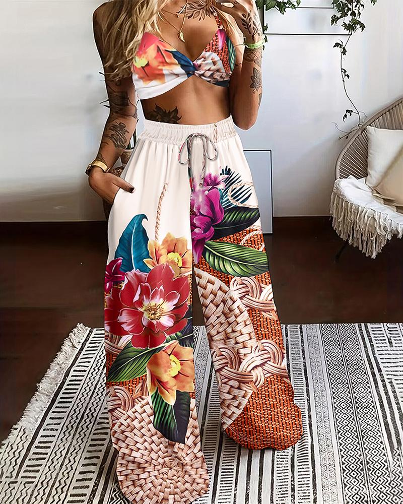 

Floral Tropical Print Twisted Crop Top & Wide Leg Pants Set, Beige