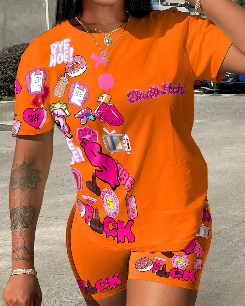 

Graphic Letter Pattern Short Sleeve Top & Shorts Set, Orange