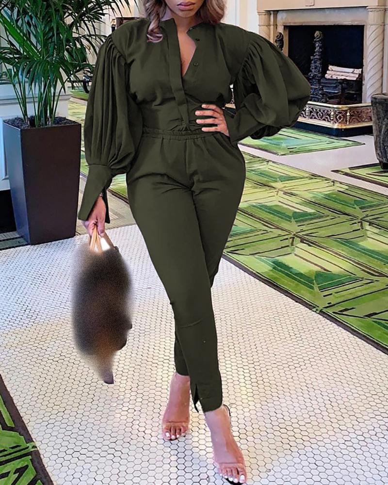 

Lantern Sleeve Ruched Buttoned Shirt & Pants Sets, Green