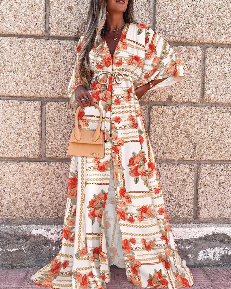 

Floral Print Tied Detail Batwing Sleeve Maxi Dress, Multicolor