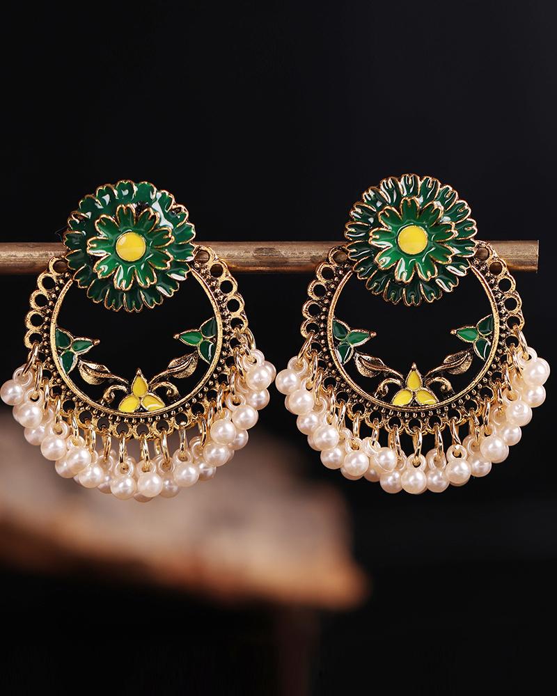 

1Pair Vintage Nationality Floral Beaded Tassel Earrings, Green