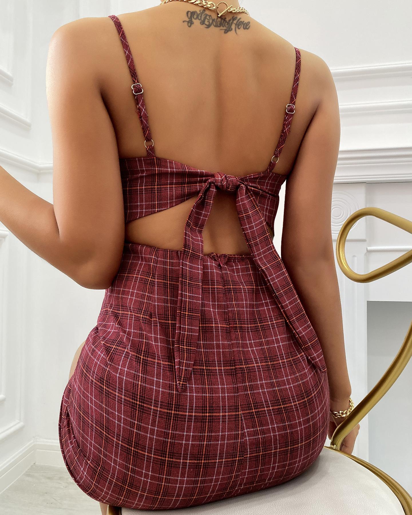 

Backless Knotted Plaid Print Bodycon Dress, Red