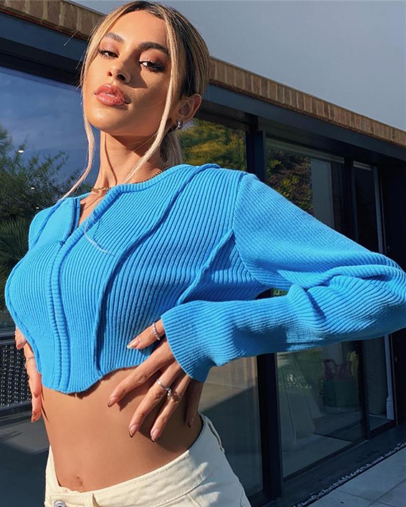 

O Neck Zipper Front Long Sleeve Cardigan, Blue