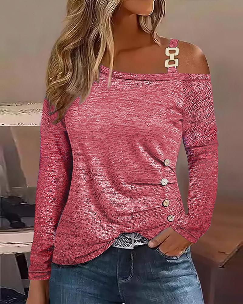 

Cold Shoulder Chain Decor Buttoned Top, Red