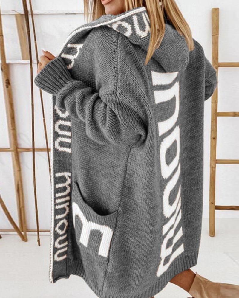 

Letter Pattern Long Sleeve Hooded Cardigan, Gray
