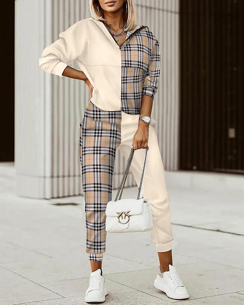 

Contrast Plaid Long Sleeve Top & Pants Set, Apricot