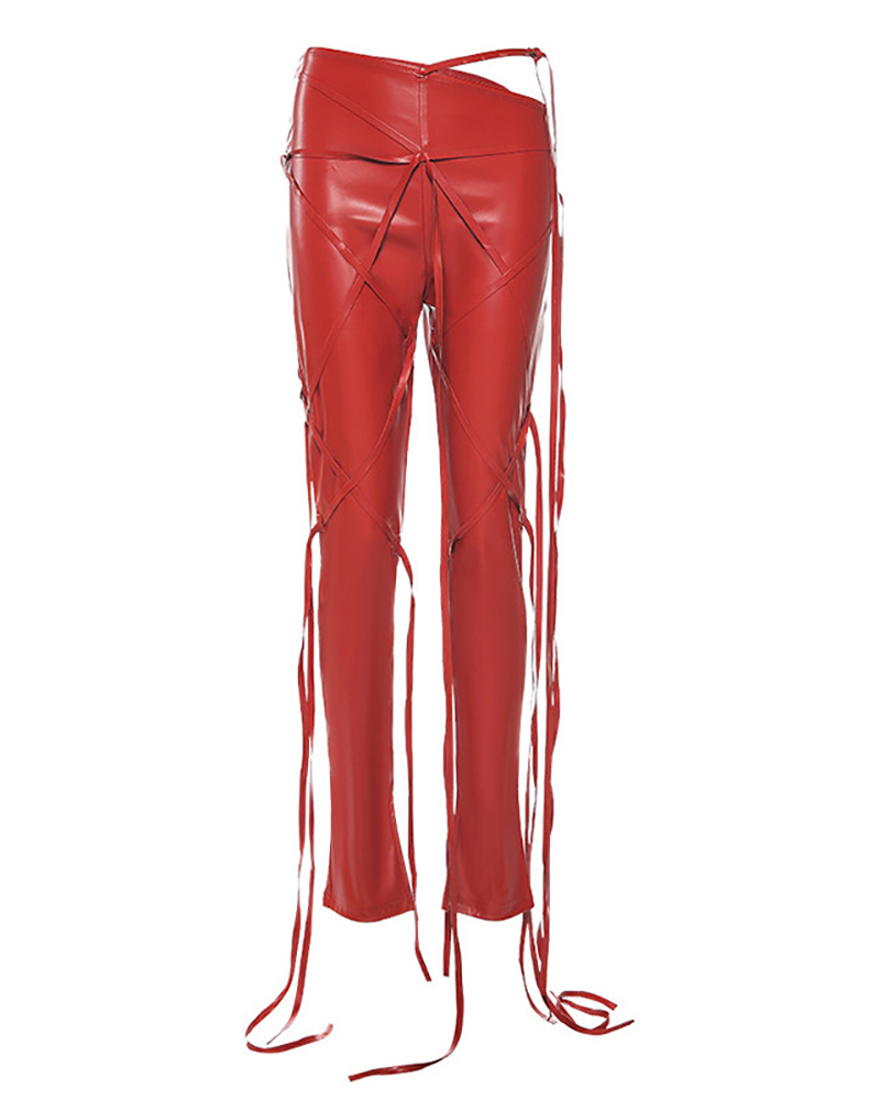 

Strap Decor High Waist PU Leather Pants, Red