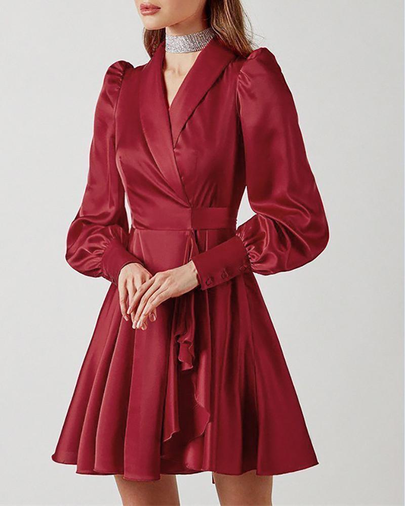 

Puff Lantern Sleeve Tied Detail Ruffles Ruched Dress, Red