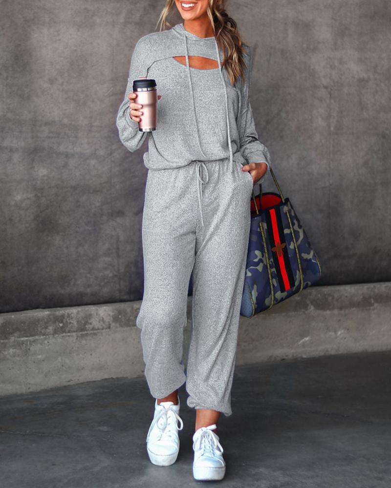 

Ensemble sweat à capuche ajouré 2 pièces et pantalon de survêtement à revers avec poche à la taille extensible, Light gray