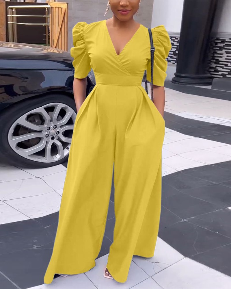 

Puff Sleeve Pocket Design Wide Leg Jumpsuit, Yellow