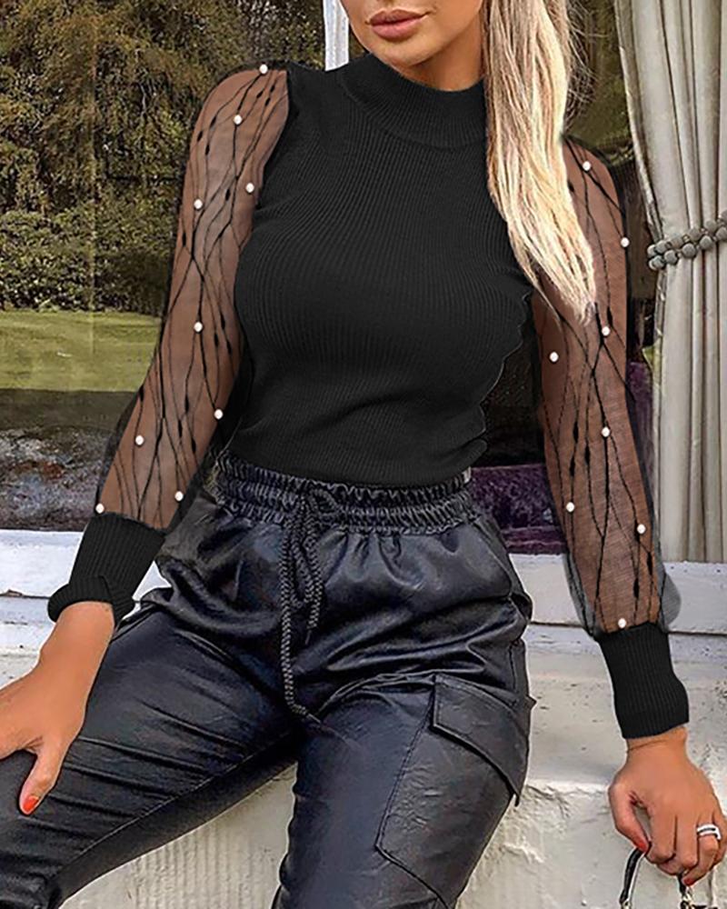 

Solid Mesh Patchwork See Through Beaded Detail Blouse, Black