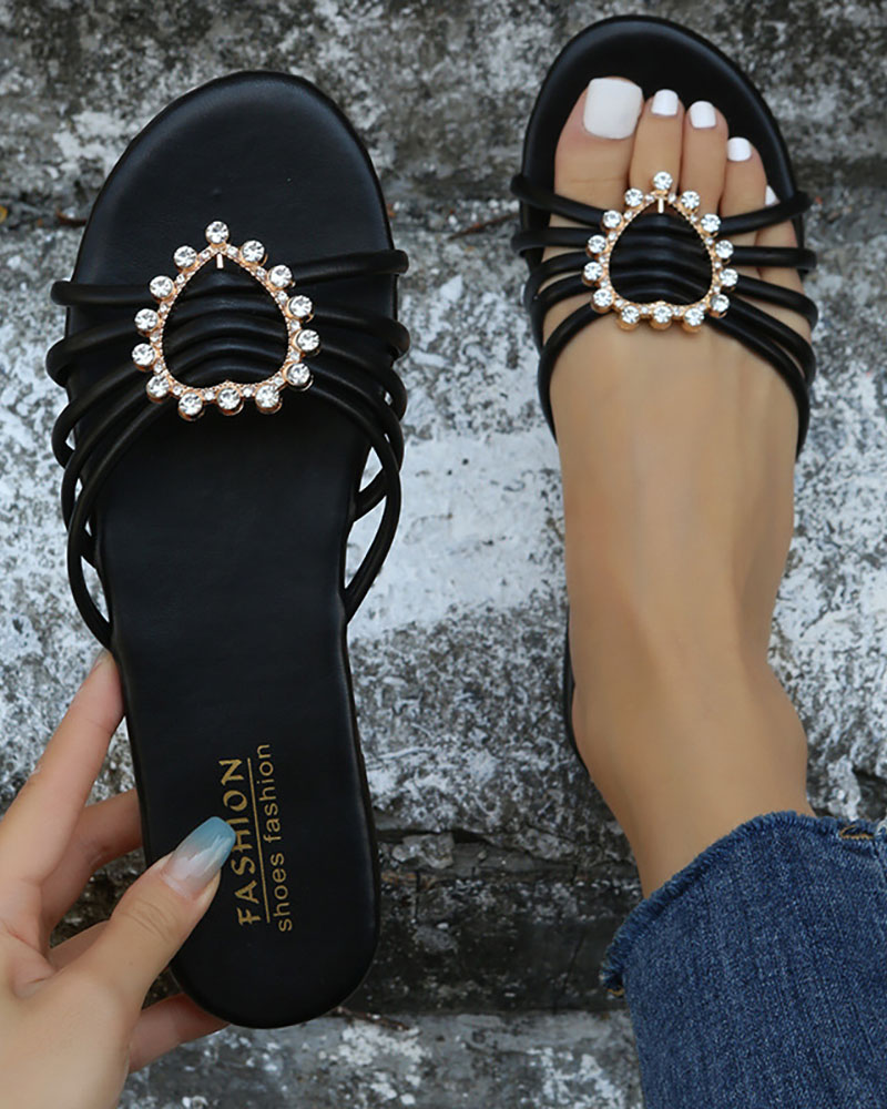 

Rhinestone Hollow Out Heart Pattern Multi Strap Slippers, Black