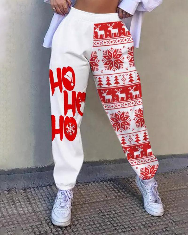 

Christmas Snowflake Letter Print Casual Sweatpants, Red