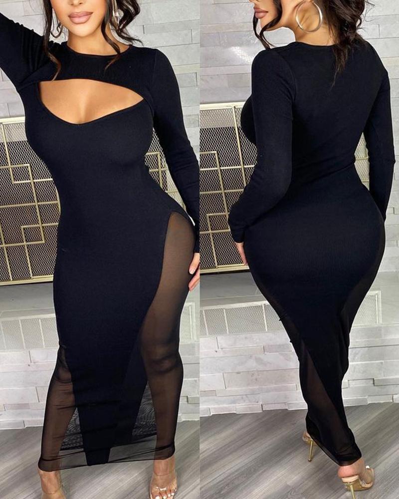 

Contrast Mesh Cutout Front Long Sleeve Skinny Dress, Black