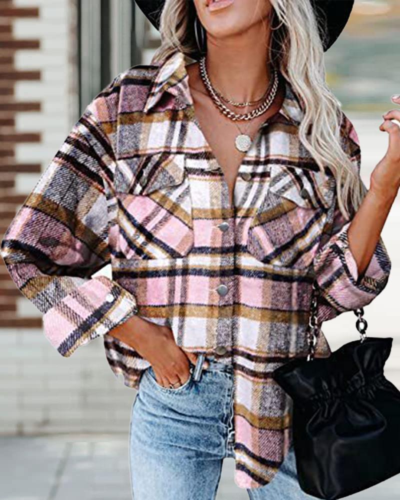 

Plaid Print Long Sleeve Button Down Shacket, Pink