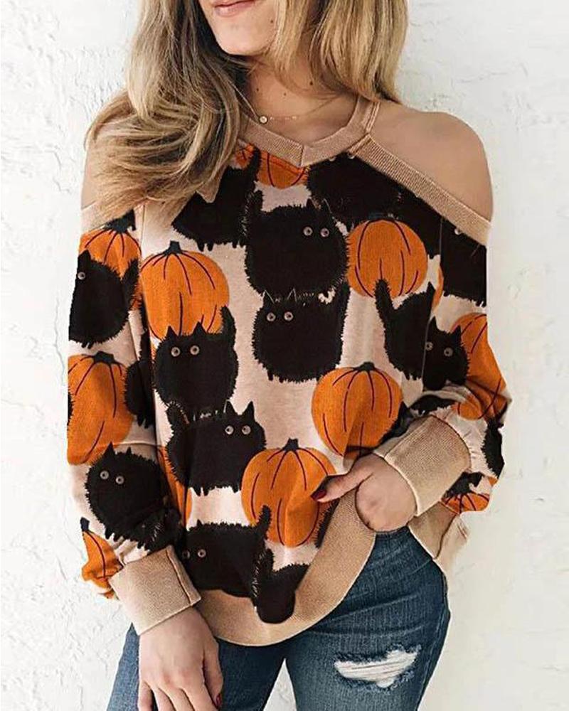 

Halloween Pumpkin Animal Pattern Cold Shoulder Top, Style1
