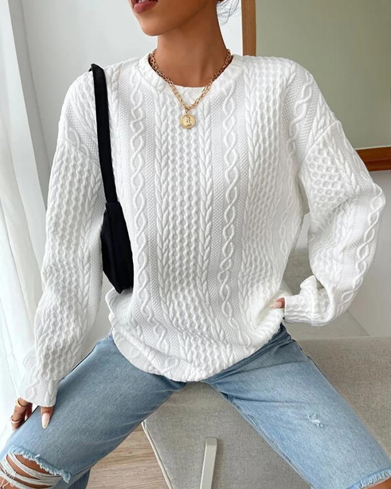 

O-Neck Long Sleeve Cable Textured Sweatshirt, White