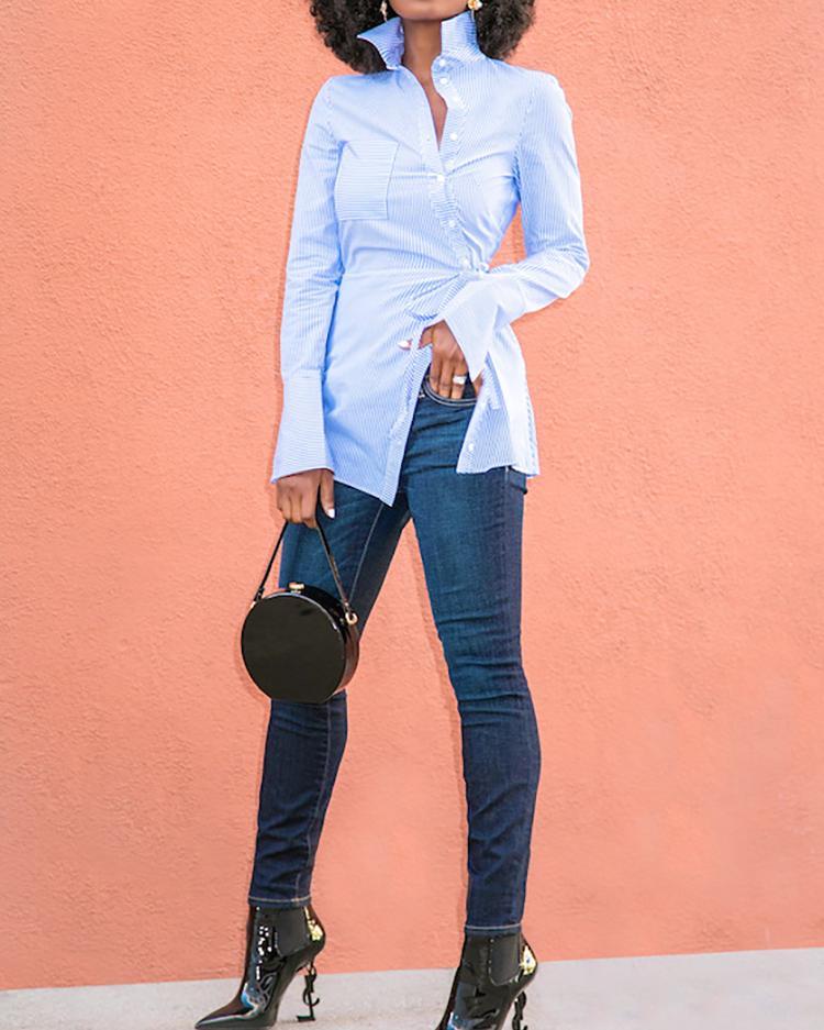 

Pinstripes Button Design Tied Waist Casual Blouse, Blue