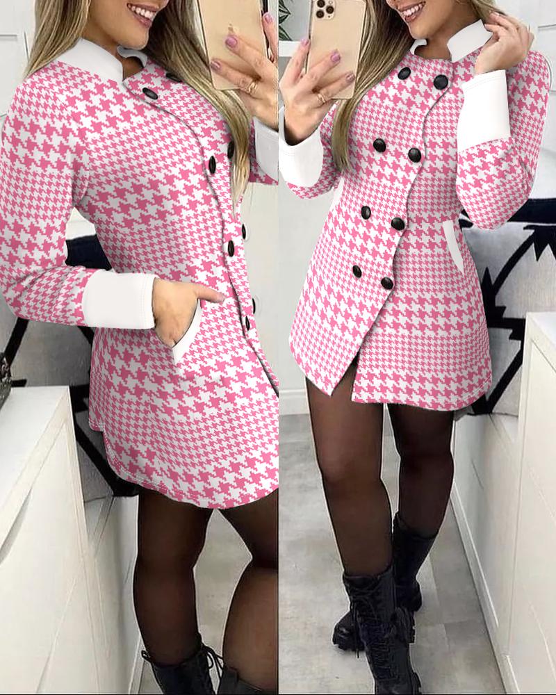 

Contrast Paneled Houndstooth Print Pocket Design Coat, Pink