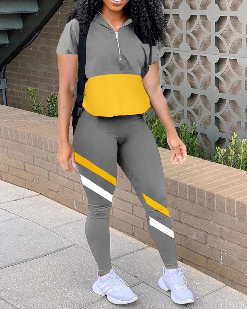 

Colorblock Zipper Design Top & Striped Pants Set, Gray