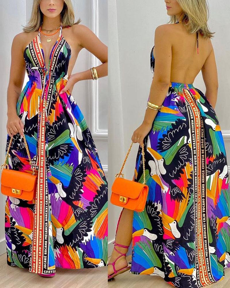 Vestido largo con abertura sin espalda y cuello halter con estampado de pájaros