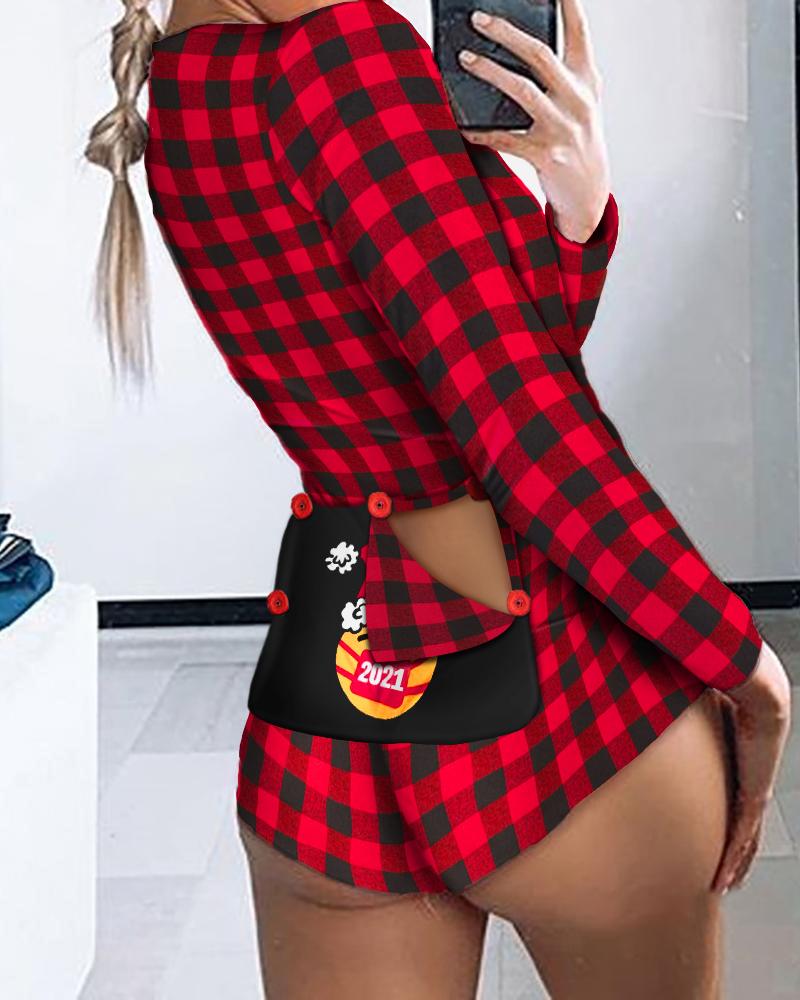 

Graphic Plaid Print Functional Buttoned Flap Adult Onesie, Red