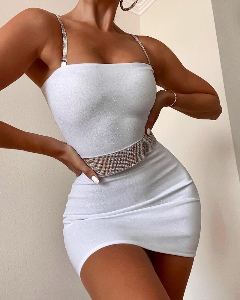 

Rhinestone Decor Glitter Bodycon Dress, White