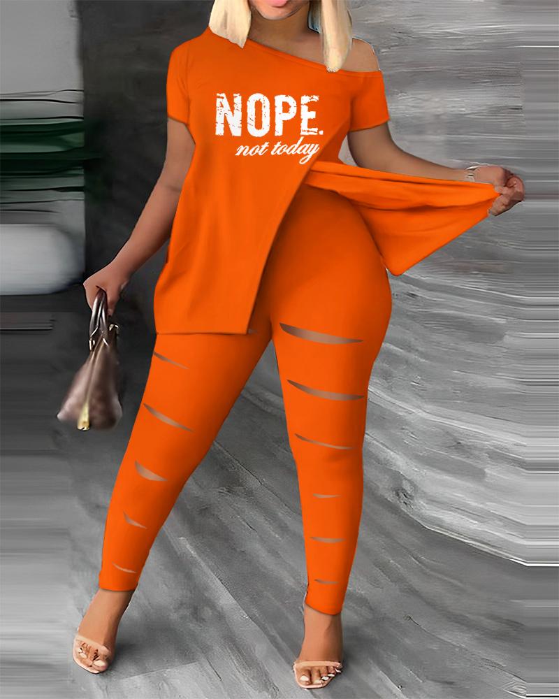 

Plus Size Nope Not Today Print Split Hem Top & Ladder Cutout Pants Set, Orange