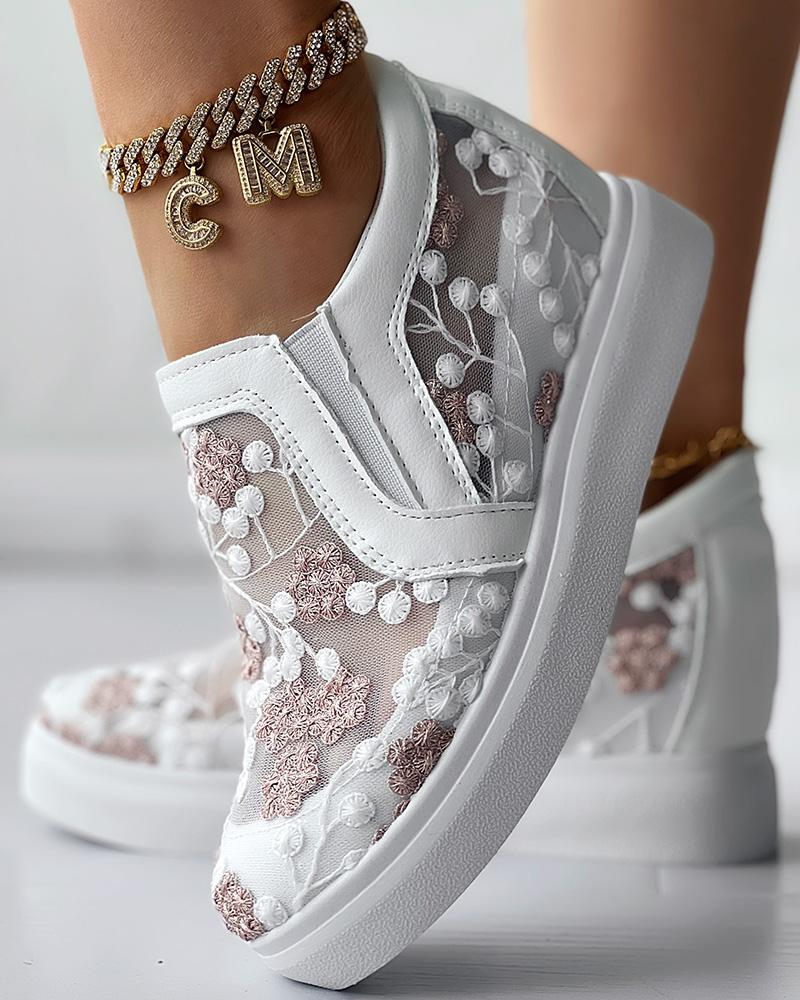 

Plants Embroidery Hidden Wedge Sneakers, White&pink