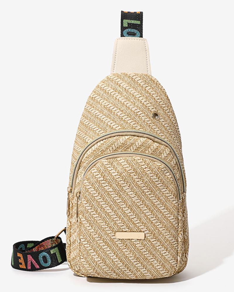 

Cable Textured Zipper Design Casual Crossbody Bag, Khaki