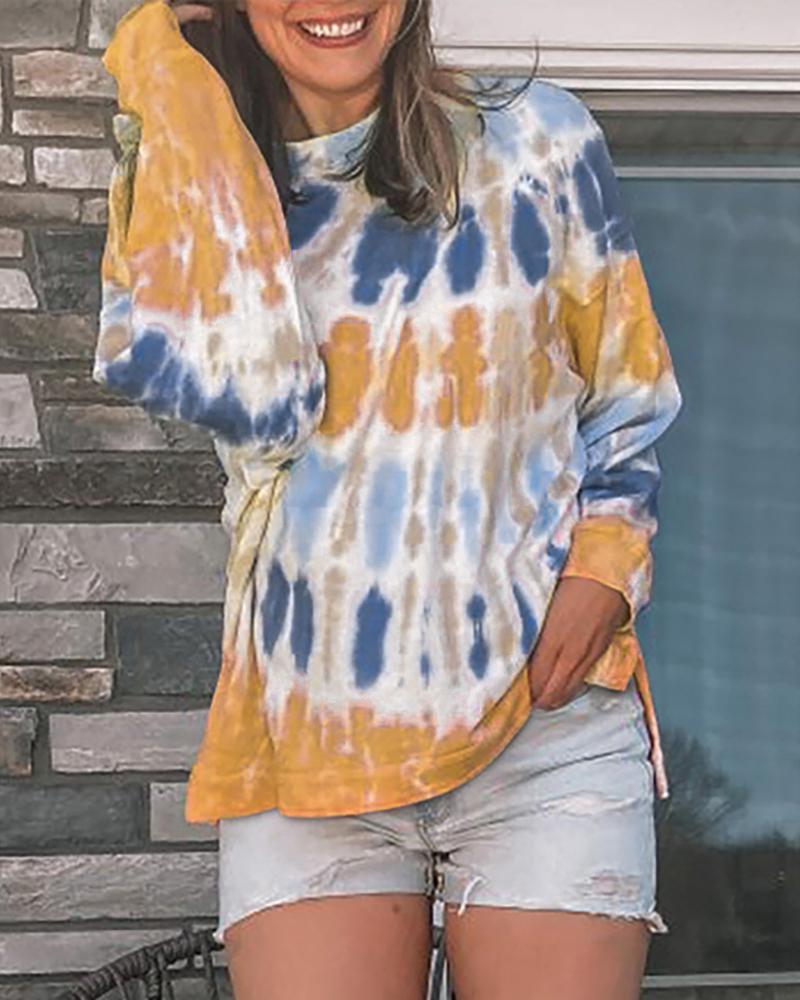 

Tie Dye Print Colorblock Casual Sweatshirt, Yellow