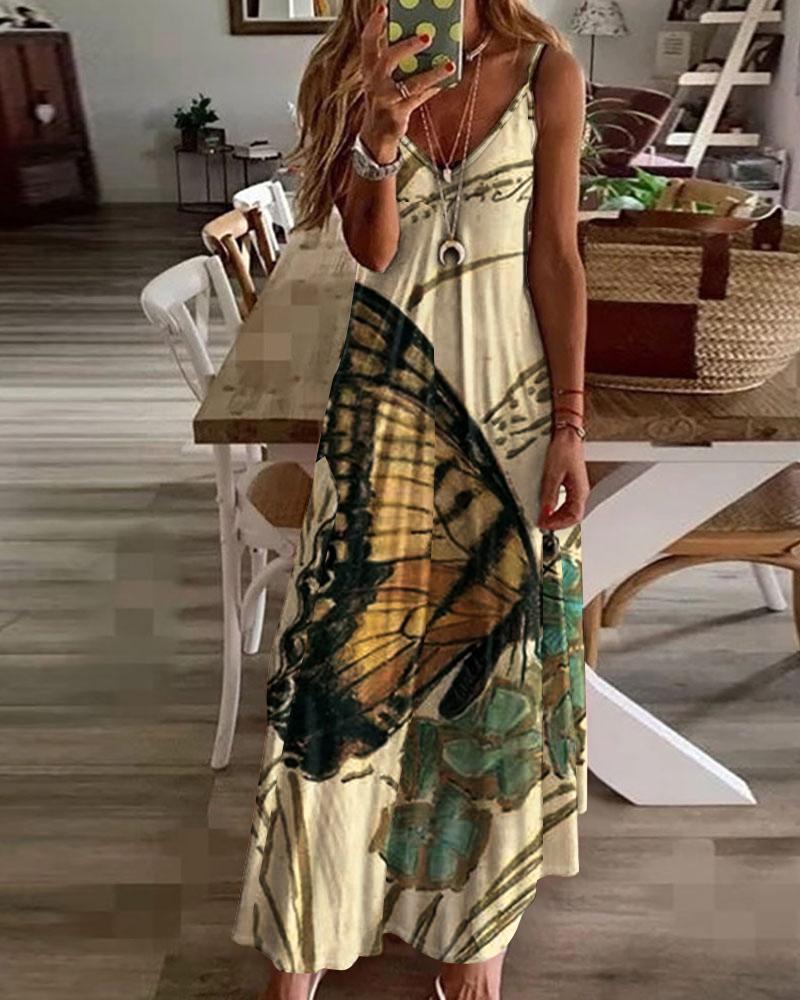 

Butterfly Floral Print V-Neck Maxi Dress, Apricot