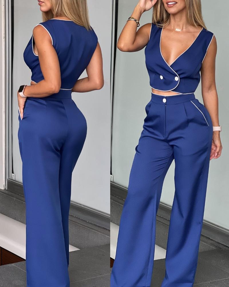 

Colorblock Contrast Binding V-Neck Front Button Crop Tank High Waist Wide Leg Pants Casual Pants Set with Pocket, Blue