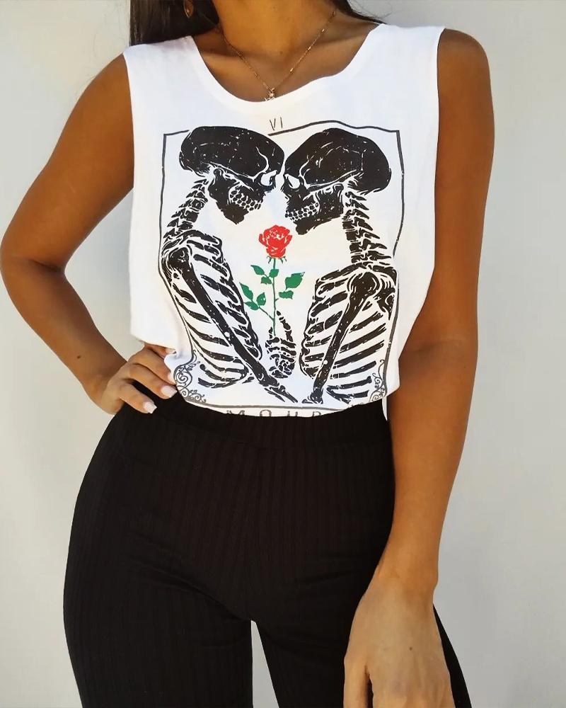 

Skeleton Floral Print Casual Tank Top, White