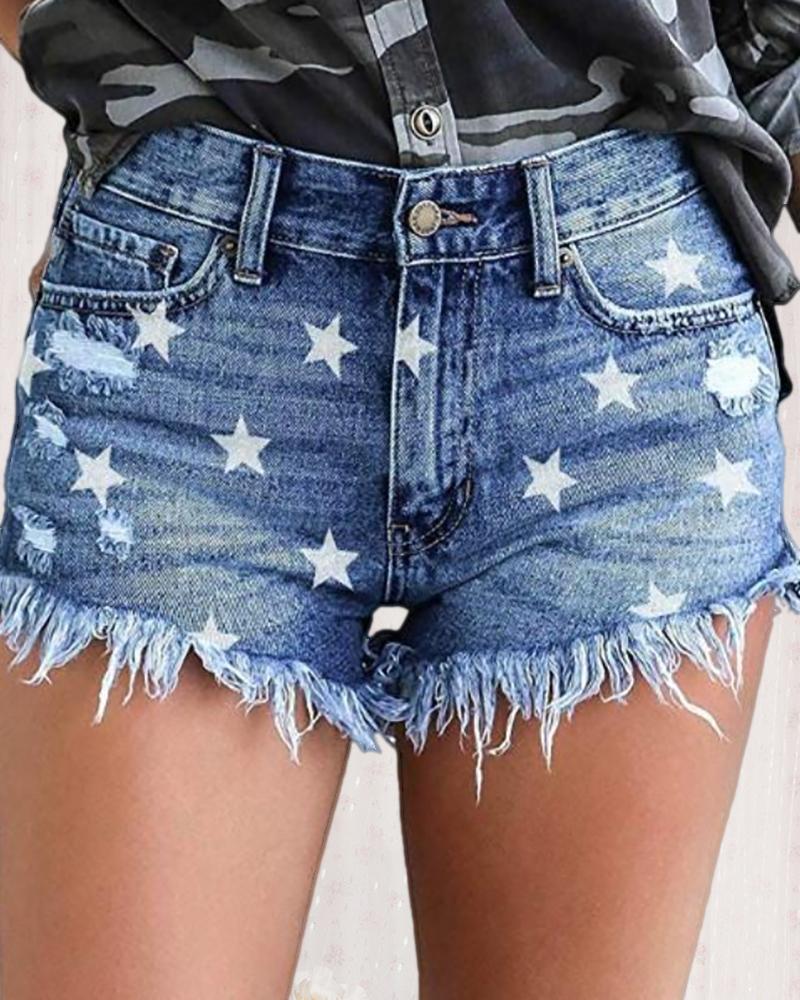 

Star Pattern Fringe Hem Ripped Denim Shorts, Blue