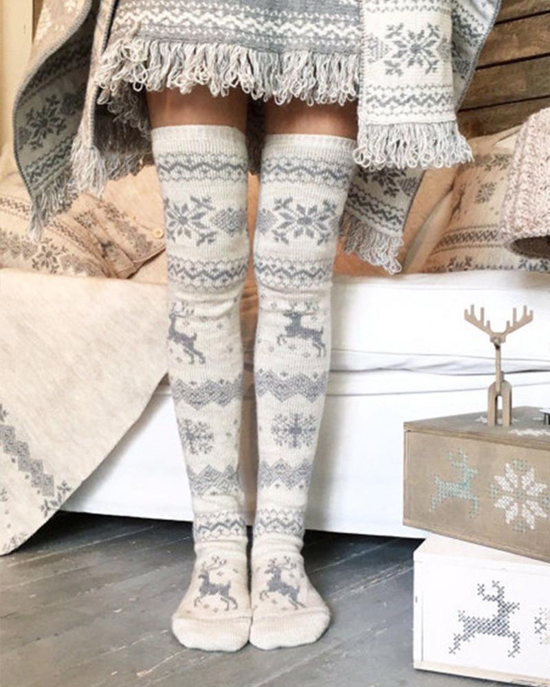 

Reindeer Patterns Printig Skinny Over-knee Socks, Gray