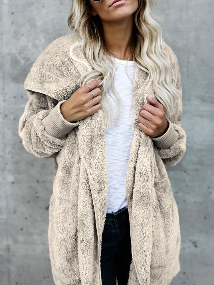 

Warm Solid Pocket Design Hoodies Fluffy Oversized Jacket, Khaki