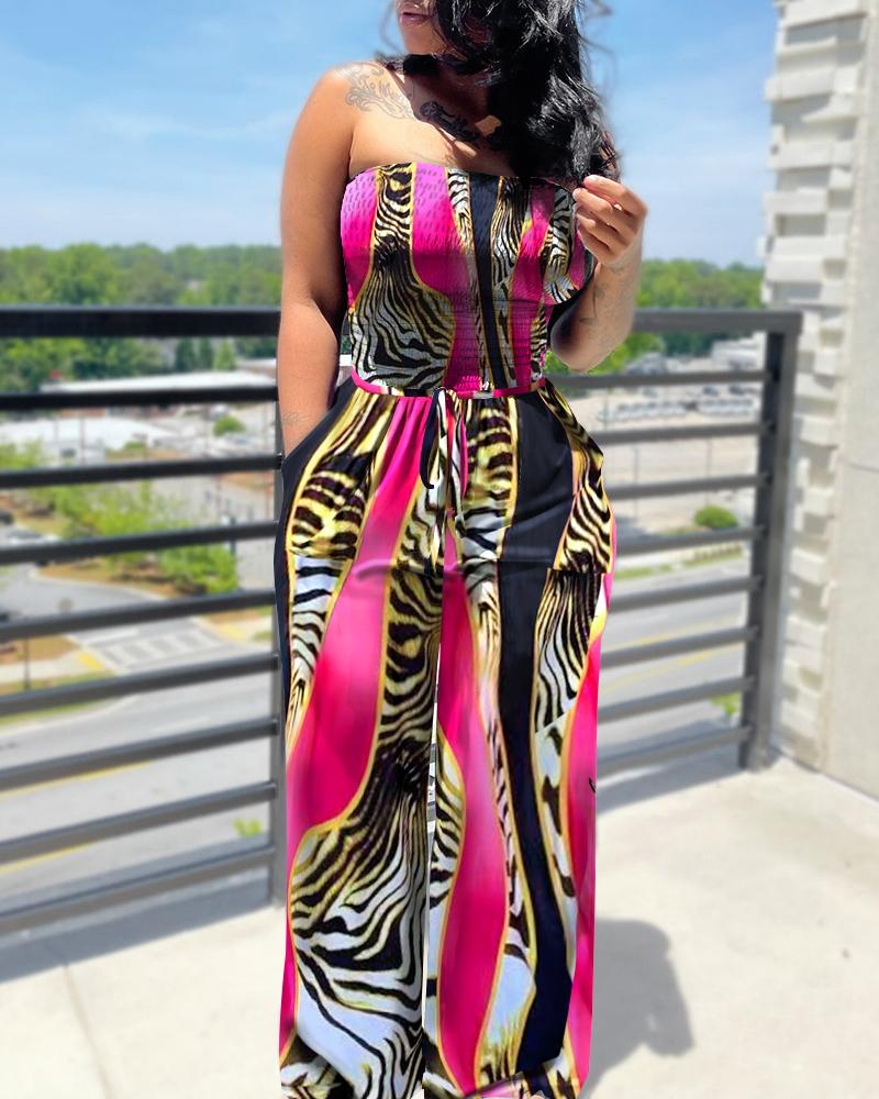 

Animal Print Drawstring Waist Shirred Bodice Wide Leg Jumpsuit, Hot pink