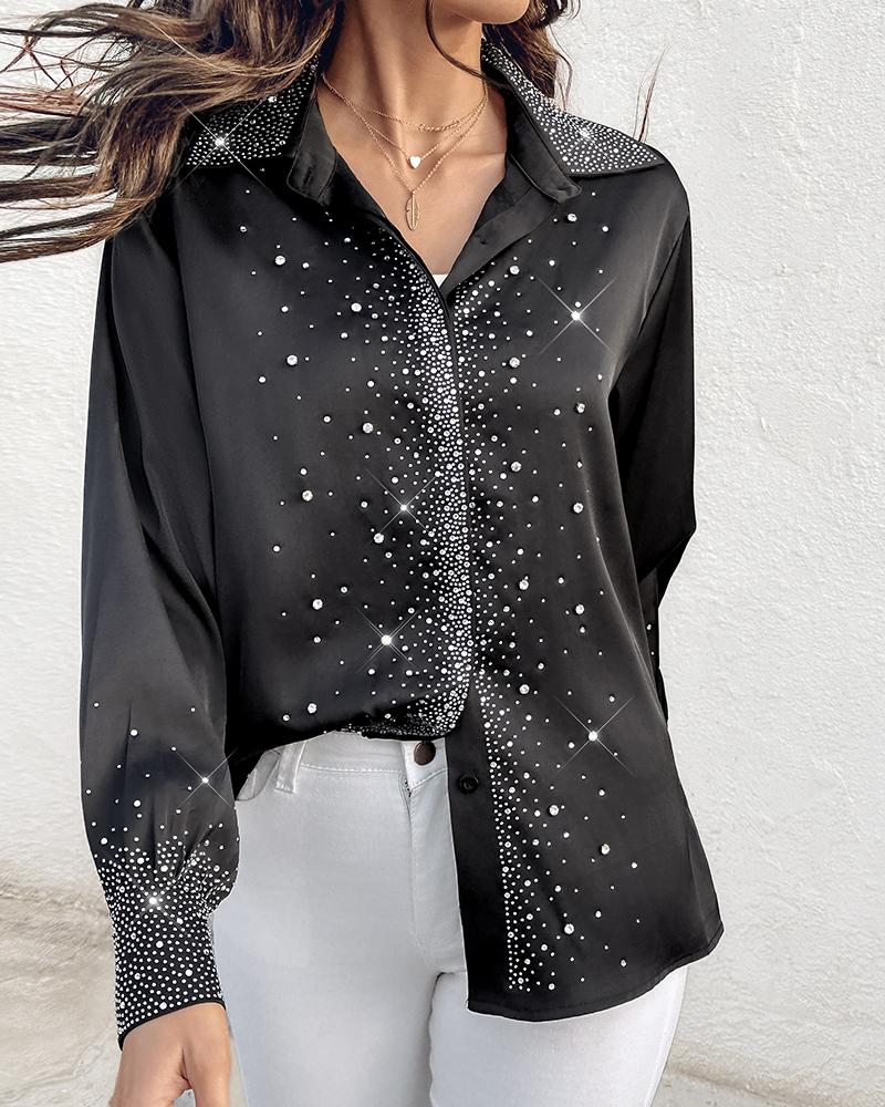 

Rhinestone Turn-down Collar Long Sleeve Blouse Elegant Satin Shirt, Black