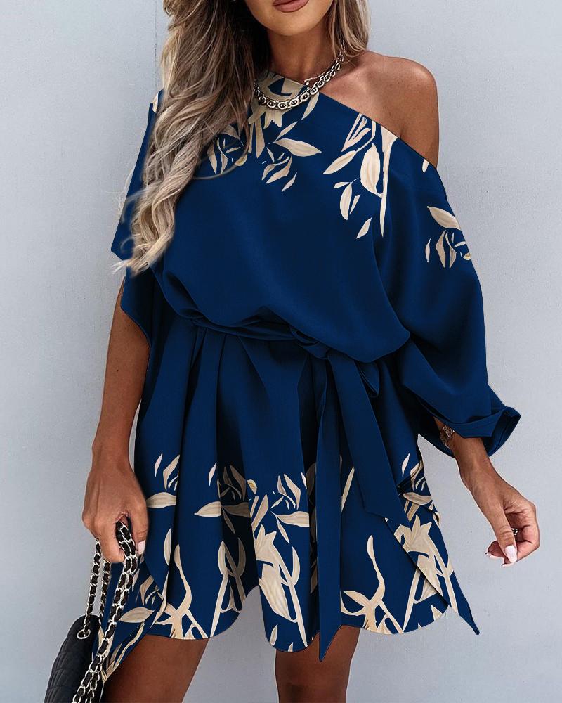 

Plants Print Asymmetrical Cloak Sleeve Belted Casual Dress, Dark blue