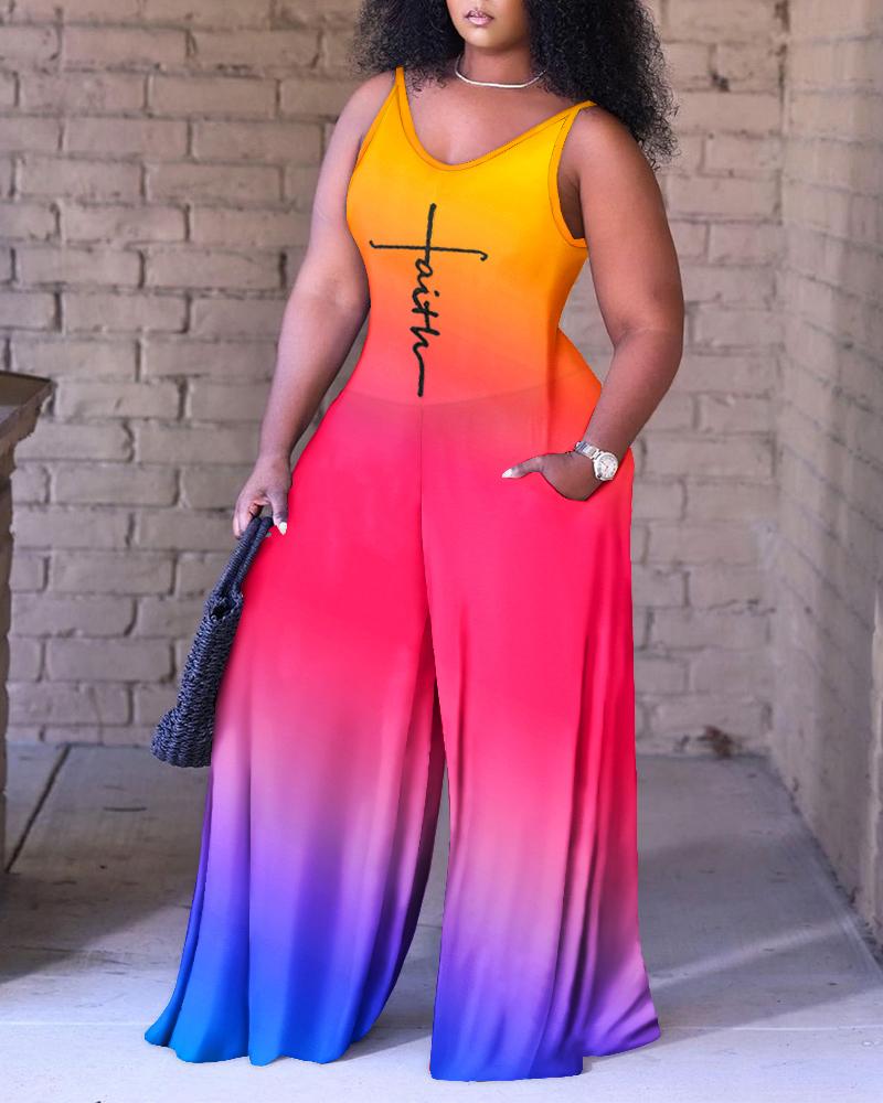 

Plus Size Faith Print Ombre Wide Leg Jumpsuit, Multicolor