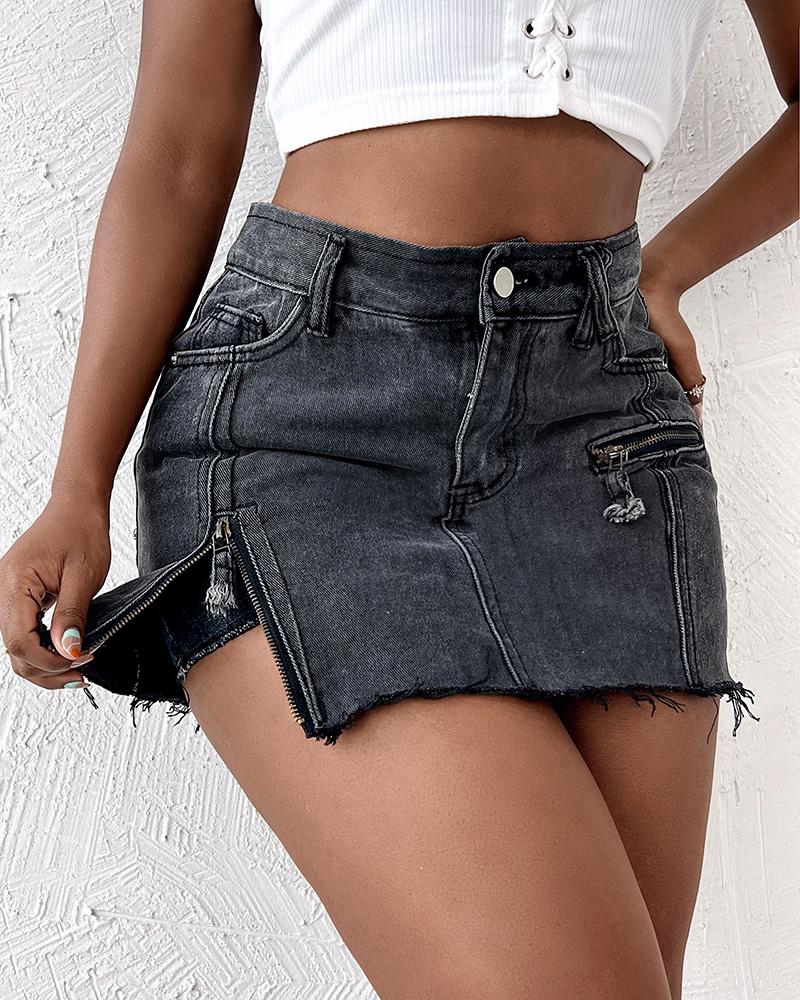 

Zipper Detail Raw Hem High Waist Denim Skorts, Black