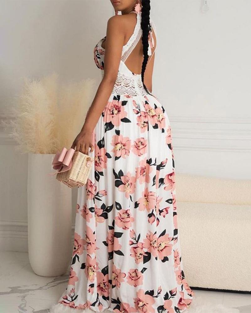 

Halter Floral Print Crisscross Backless Maxi Dress, Pink