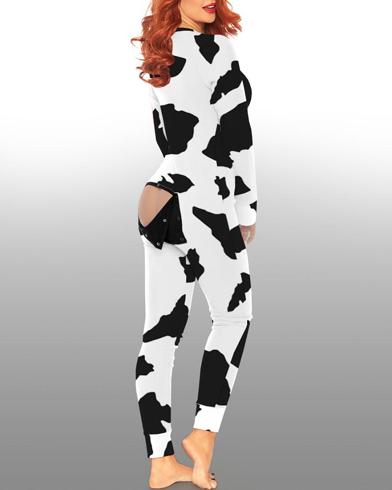 

Cow Print Functional Buttoned Flap Adults Pajamas, White