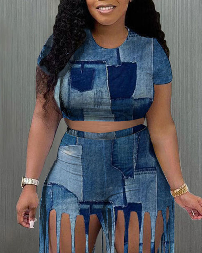 

Denim Look Print Crop Top & Fringe Hem Shorts Set, Blue