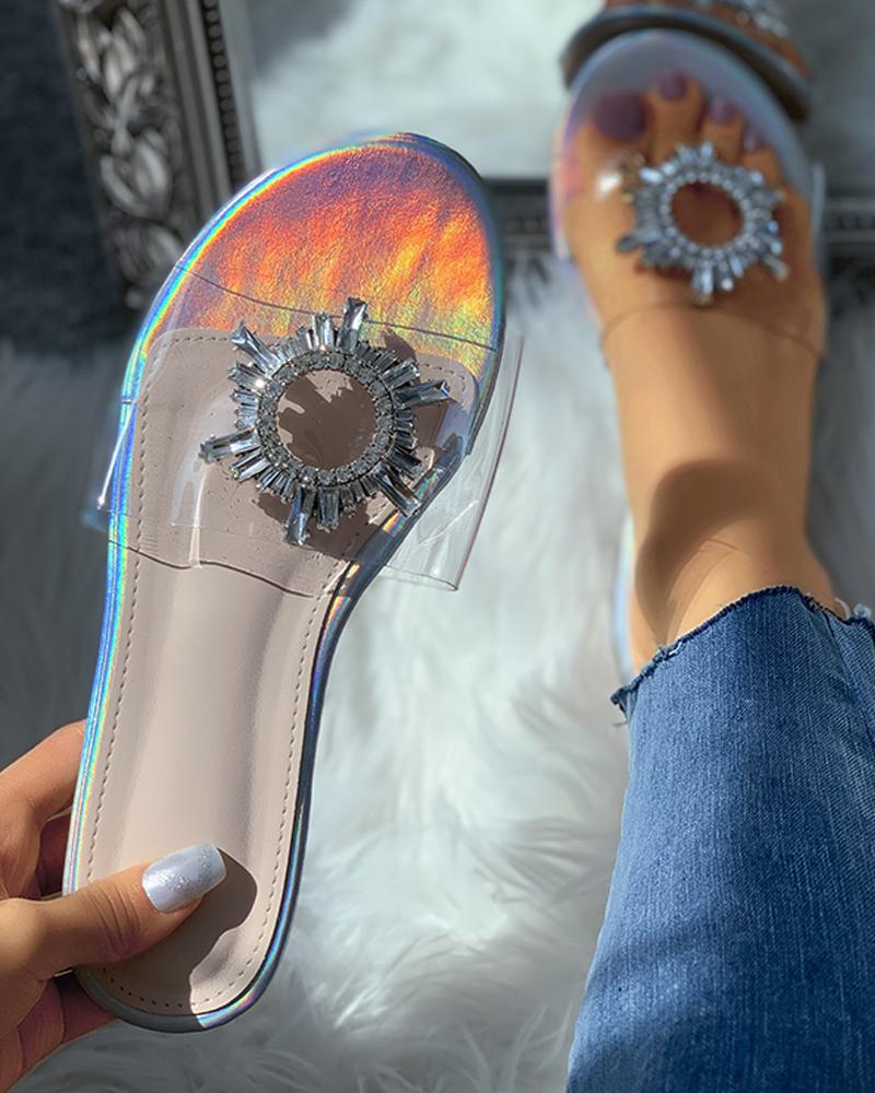 

Diamante Flower Detail Clear Perspex Flat Slider Sandals, Silver