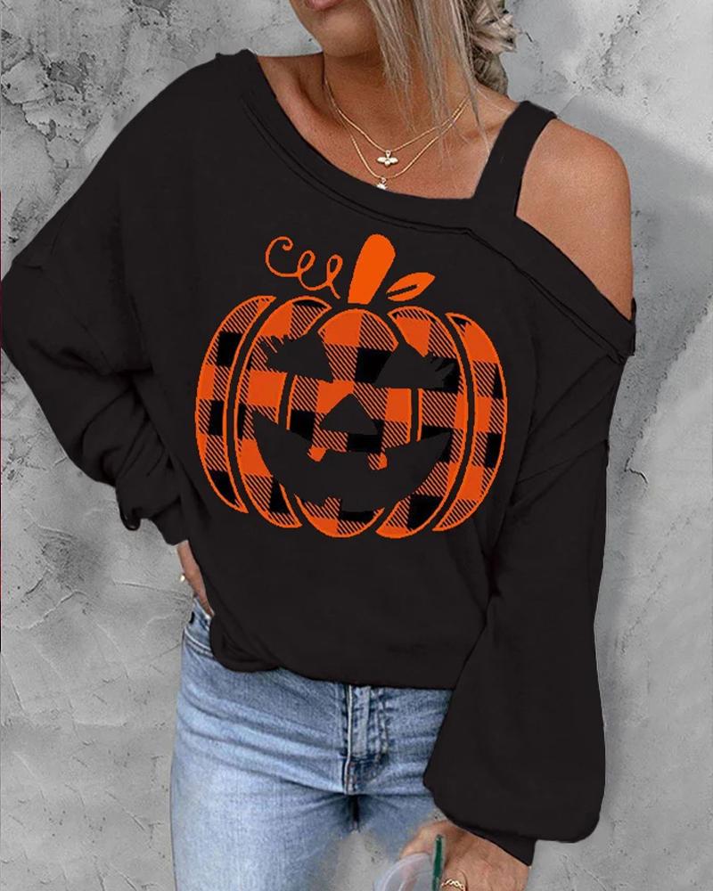 

Halloween Pumpkin Print Cold Shoulder Top, Black
